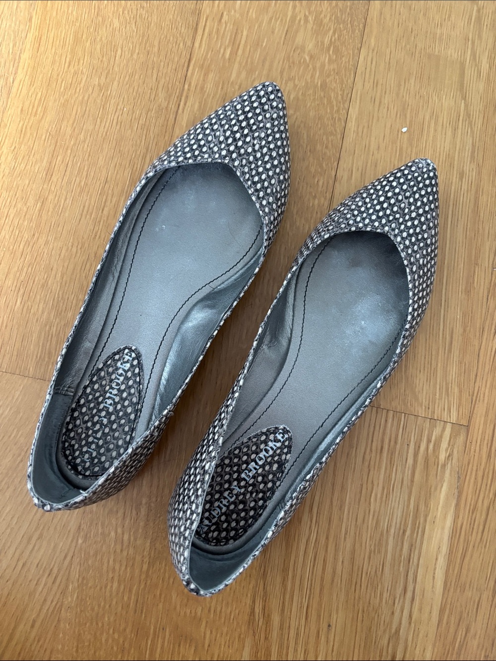 Audrey Brooke Pointed Toe Flats in Gray and Silver Dot Pattern